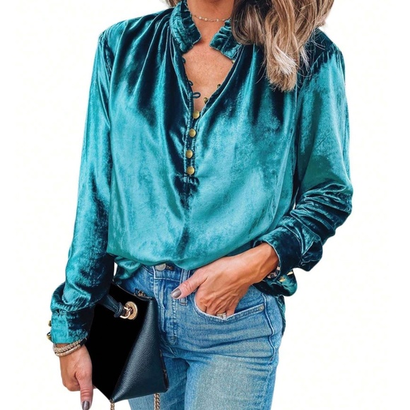 Luxe Teal Green Velvet Button up Frill Neck Long Sleeve Top - Picture 2 of 5